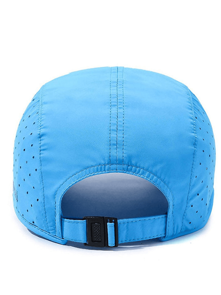 Back view of blue waterproof breathable adjustable baseball cap with adjustable strap, ideal for outdoor sports.